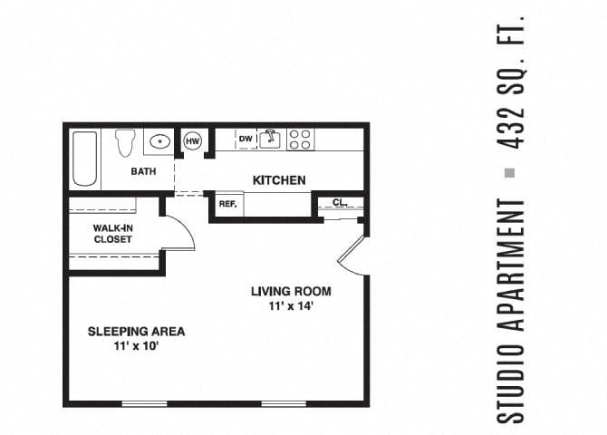 Floor plan for studio, 1 bath, 432 sqft